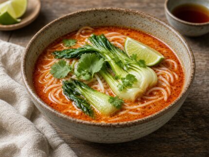Soupe de nouilles au curry rouge thaïlandais — plat maison, cuisine de Laval