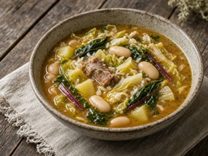 Soupe minestrone au chou napa, blettes, haricots cannellini et riz — plat maison, cuisine de Laval