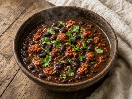 Soupe au chorizo ​​et aux haricots noirs — plat maison, cuisine de Laval