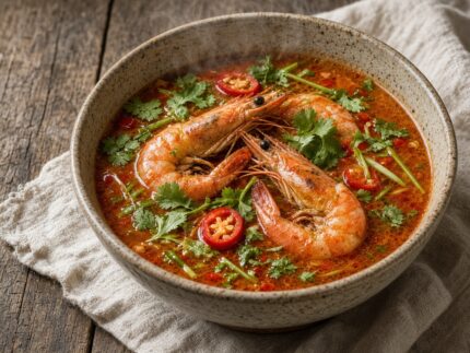 Soupe épicée aux crevettes — plat maison, cuisine de Laval