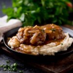 Hamburger Steak w/onions, Mashed potatoes and side Asparagus