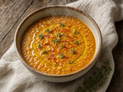 Soupe de lentilles rouges au safran et au thym — plat maison, cuisine de Laval