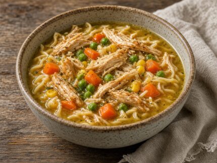 Soupe de nouilles au poulet rôti — plat maison, cuisine de Laval