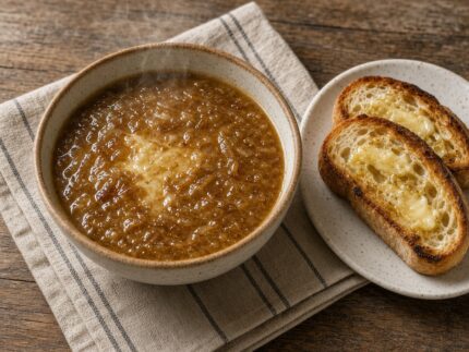 Soupe d’oignons douce avec toast beurré — plat maison, cuisine de Laval