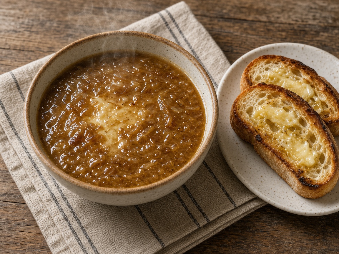 Soupe d’oignons douce avec toast beurré — plat maison, cuisine de Laval