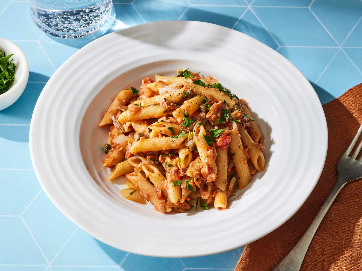 AR-12760-pasta-with-tuna-sauce-ddmfs-3x4-d3bbf68b317847449c2d3c7438e2927a Penne Pasta with Tuna and Antipasto - Image 1