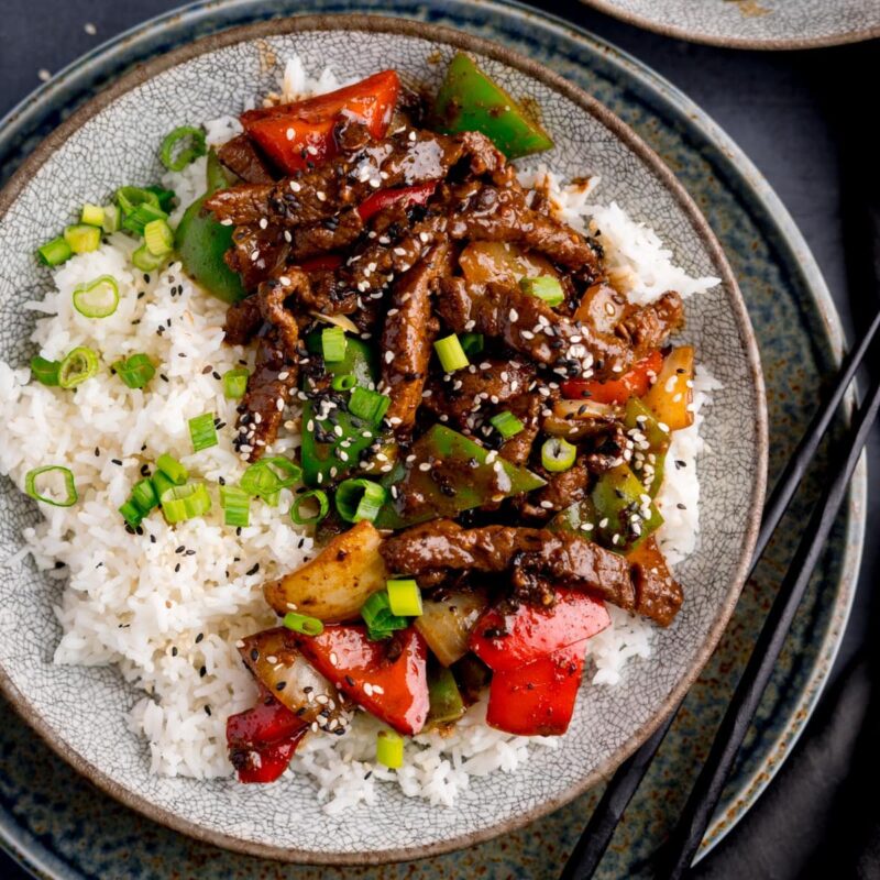 Beef Stir-Fry with Black Bean Sauce served with White Rice