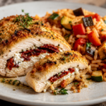 Stuffed Chicken Breast with Sun-Dried Tomato and Goat Cheese w/side Ratatouille Rice