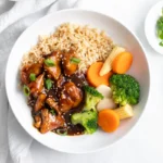 Sesame Chicken Stir-Fry with Water Chestnuts served with Basmati