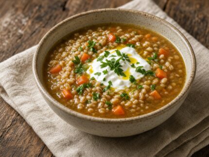 Soupe de légumes à l’orge — plat maison, cuisine de Laval