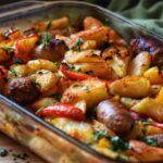 Homemade Roasted Fresh Sausages with Potatoes, Red Peppers & Onions