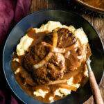 Hamburger Steak w/onions, Mashed potatoes and Sweet Peas