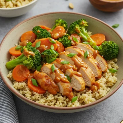 Peanut Butter Chicken on Quinoa and Broccoli