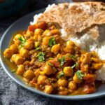 Indian Chickpea Curry (Chana Masala) served with Basmati