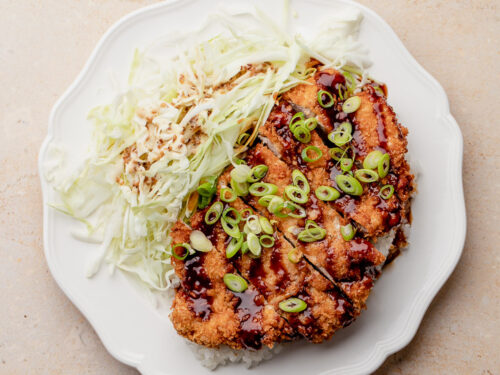 Tonkatsu (Breaded Pork cutlet) with side Rice and Tokyo‑Style Crunch Salad
