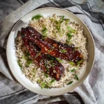 Sticky-Apple Sauce Pork Belly Slices, Brown Rice and Raw Vegetables