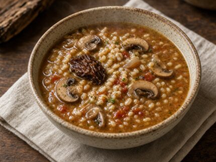 Soupe d’orge savoureuse aux champignons sauvages — plat maison, cuisine de Laval