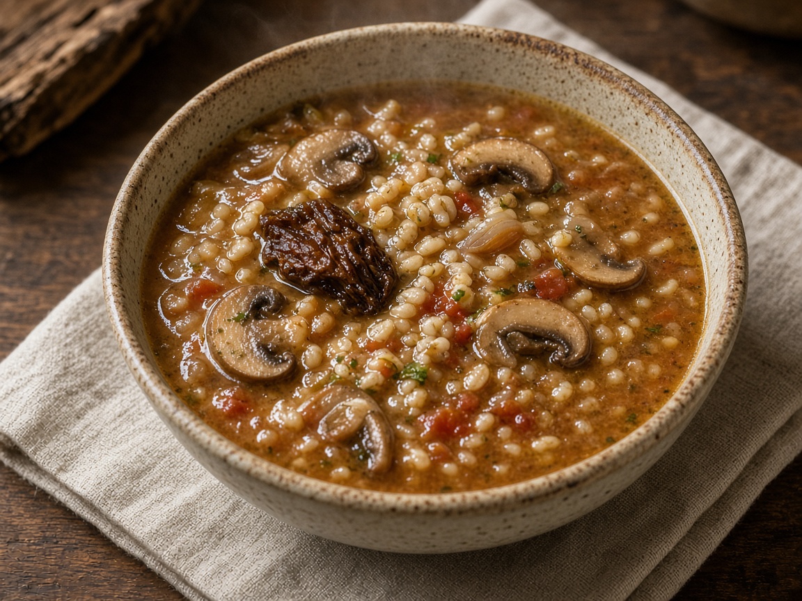 Soupe d’orge savoureuse aux champignons sauvages — plat maison, cuisine de Laval