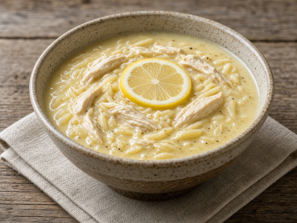 Soupe grecque au poulet et citron, liée à l’œuf (Avgolemono) — plat maison, cuisine de Laval