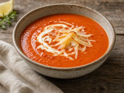 Soupe de poivrons rouges au gouda — plat maison, cuisine de Laval