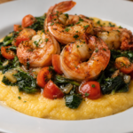Large Shrimp on a bed of Polenta with Garlic & Swiss Chard