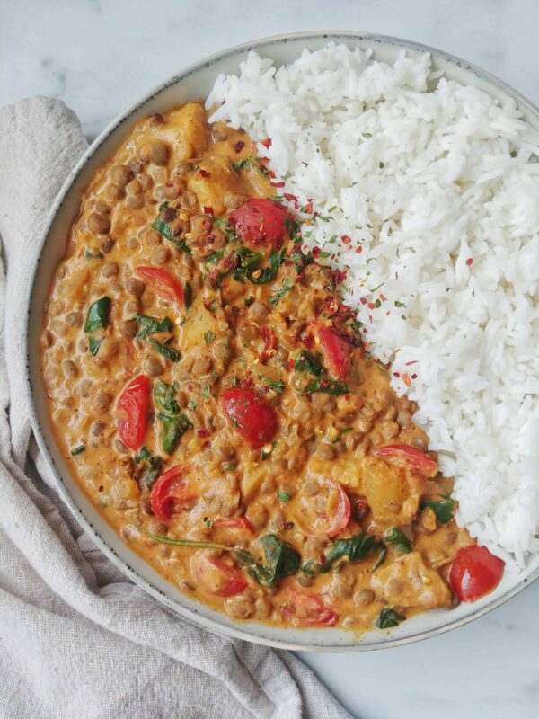 Lentil, Potato & Spinach Indian Curry served with Basmati (Dal Aloo Palak)