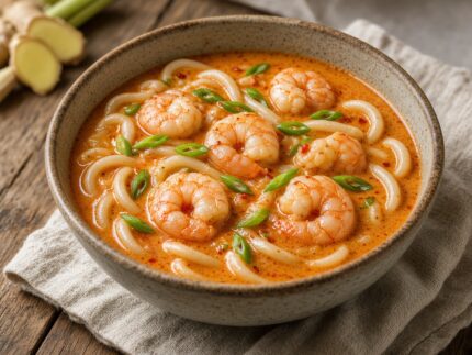 Bouillon de Coco Épicé avec Nouilles Udon et Crevettes — plat maison, cuisine de Laval