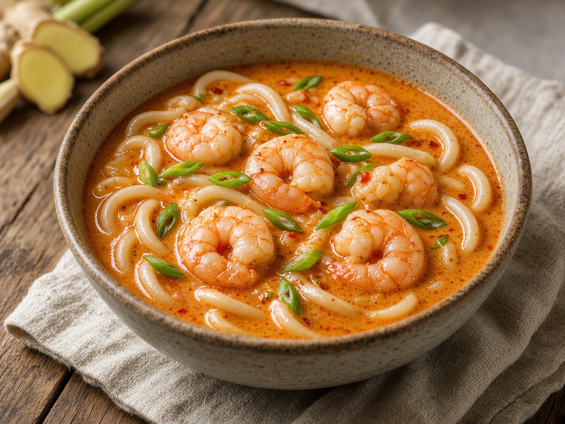 Bouillon de Coco Épicé avec Nouilles Udon et Crevettes — plat maison, cuisine de Laval