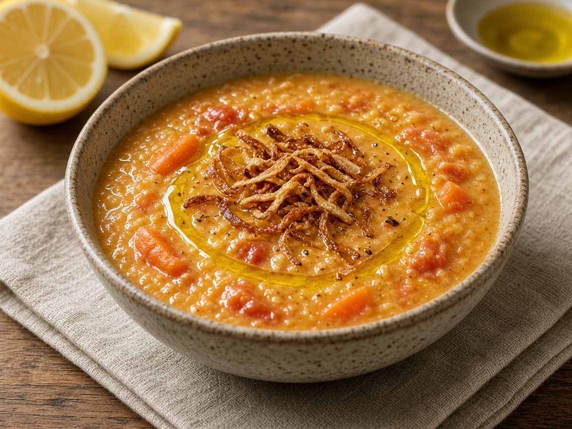 Soupe de Lentilles Rouges au Citron & Échalotes Frites — plat maison, cuisine de Laval