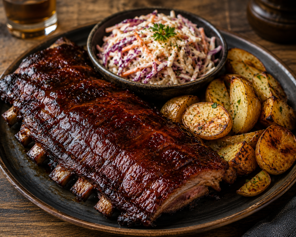 BBQ Baby Back Ribs with Side Creamy Coleslaw & Roasted Potatoes