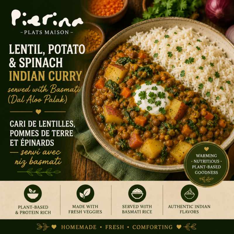 Lentil, Potato & Spinach Indian Curry served with Basmati (Dal Aloo Palak)