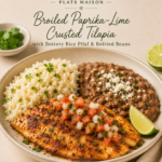 Tilapia Grillé en Croûte Paprika–Lime, Riz Pilaf Beurré et Haricots Réfrits