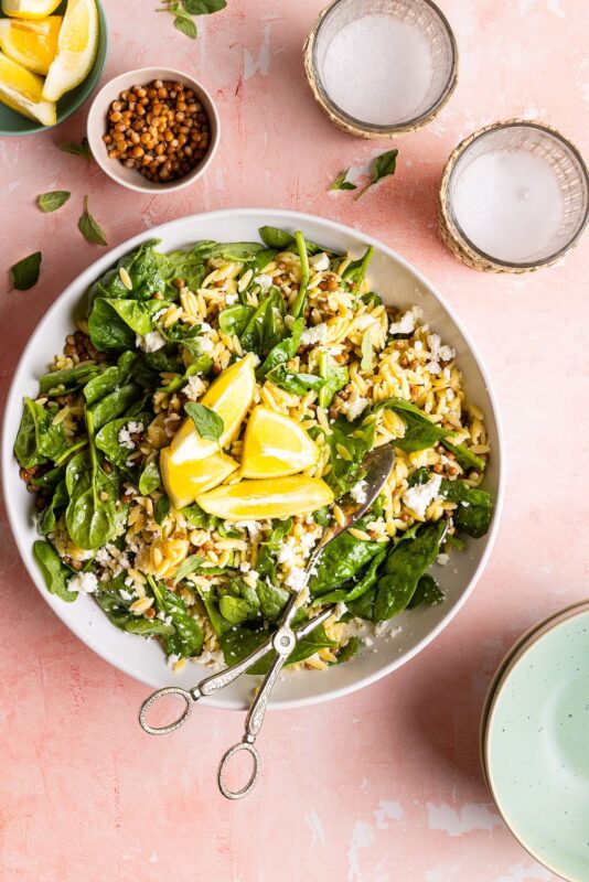 Lemony Spinach Feta Orzo Salad with Lentils