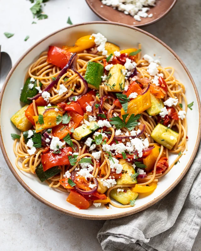 Roasted Vegetable Pasta with Olive Oil, Pesto & Feta Cheese