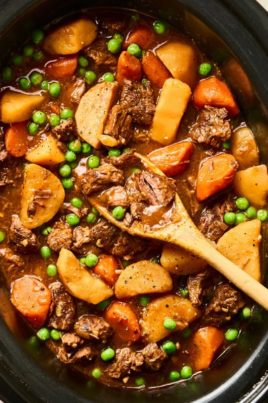Tender Beef Stew with Potatoes, Carrots and Peas