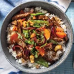 Beef & Basil Stir Fry with Summer Vegetables over Steamed Rice