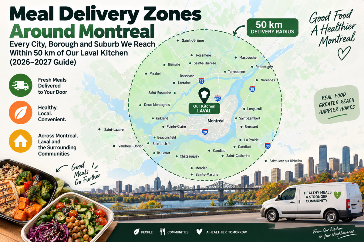 Zones de livraison de repas autour de Montréal : toutes les villes, arrondissements et banlieues desservis dans un rayon de 50 km de notre cuisine de Laval