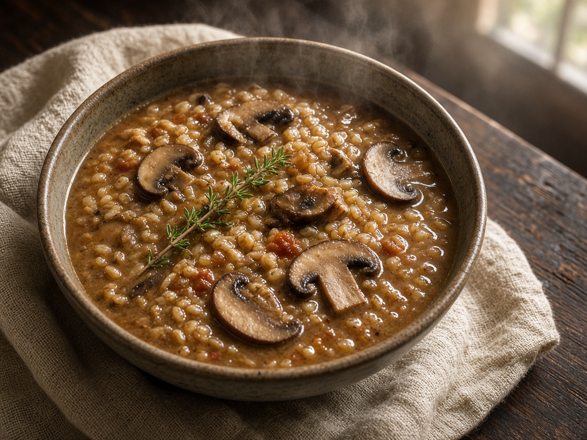 Soupe d’orge savoureuse aux champignons sauvages — plat maison, cuisine de Laval