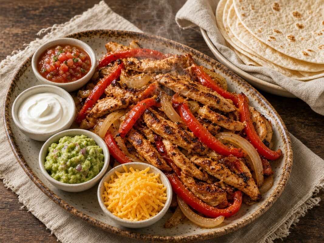 Fajitas de poulet avec leurs garnitures — plat maison, cuisine de Laval
