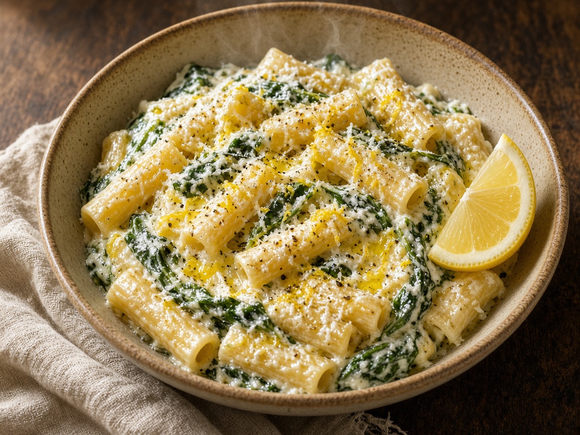 Pâtes crémeuses au citron, ricotta et épinards — plat maison, cuisine de Laval