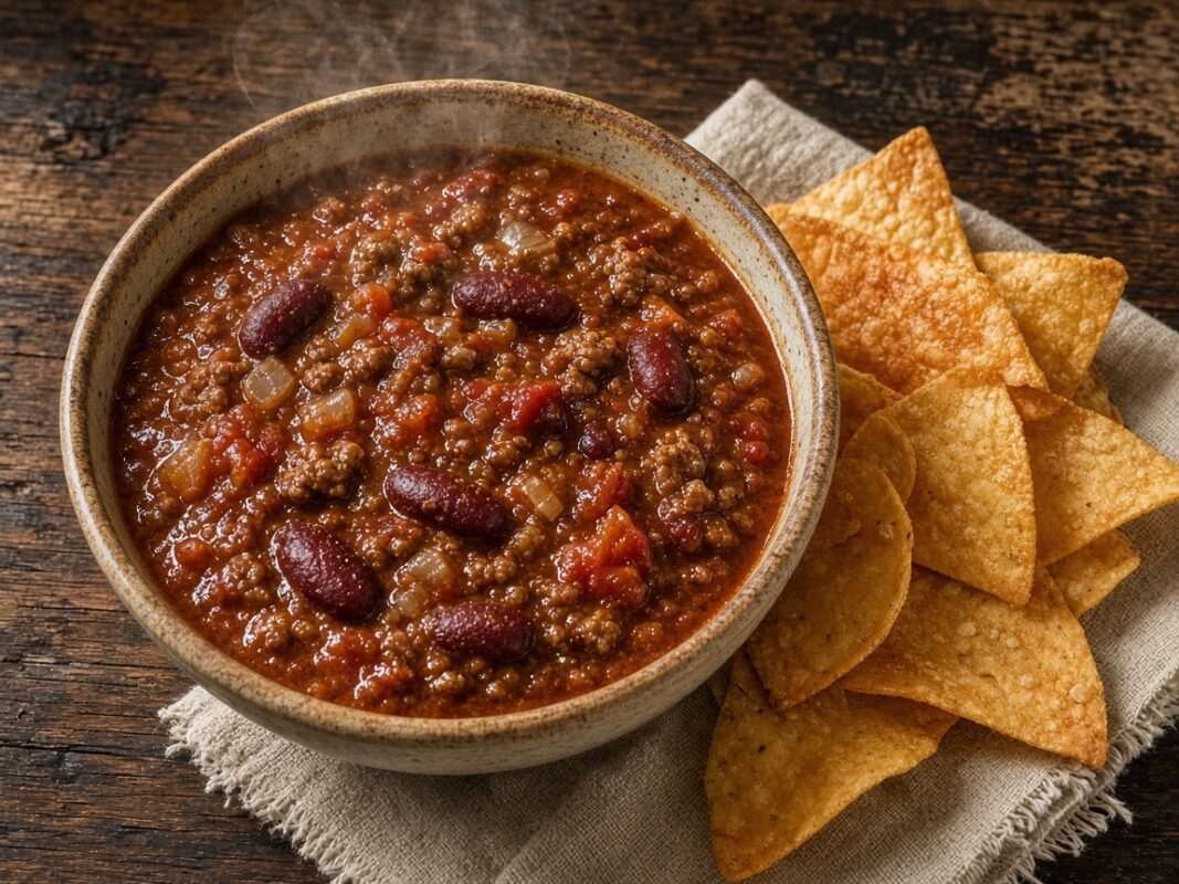 Chili de P au bœuf maigre et cumin (avec croustilles de tortilla emballées séparément) — plat maison, cuisine de Laval