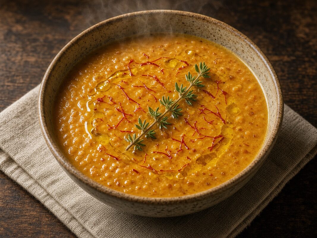 Soupe d’orge savoureuse aux champignons sauvages — plat maison, cuisine de Laval