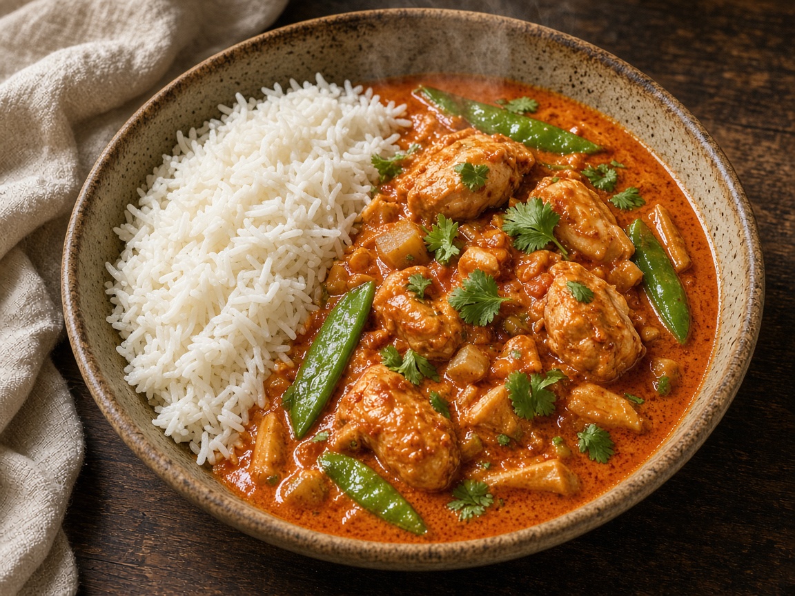 Poulet au curry rouge thaï et riz basmati — plat maison, cuisine de Laval