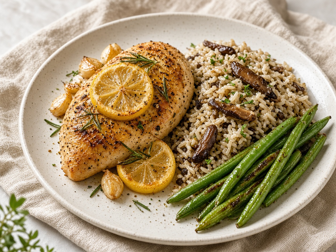Poulet au citron rôti, riz aux champignons sauvages et haricots verts — plat maison, cuisine de Laval