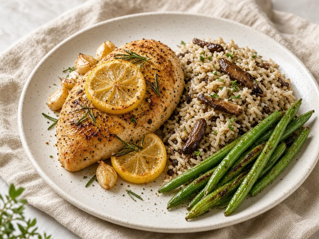 Baked Lemon Chicken with Wild Mushroom Rice and Green Beans — homemade meal, Laval kitchen