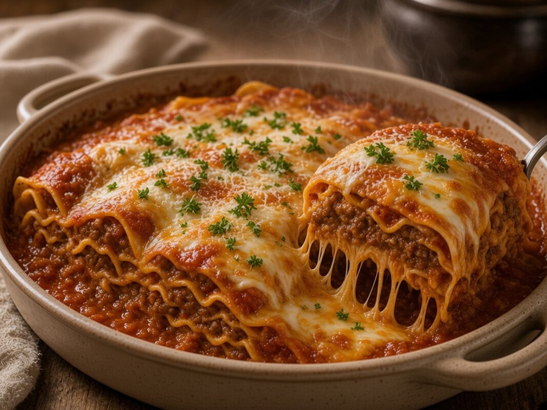 Lasagne maison au bœuf braisé et sauce tomate, gratinée aux fromages — plat maison, cuisine de Laval