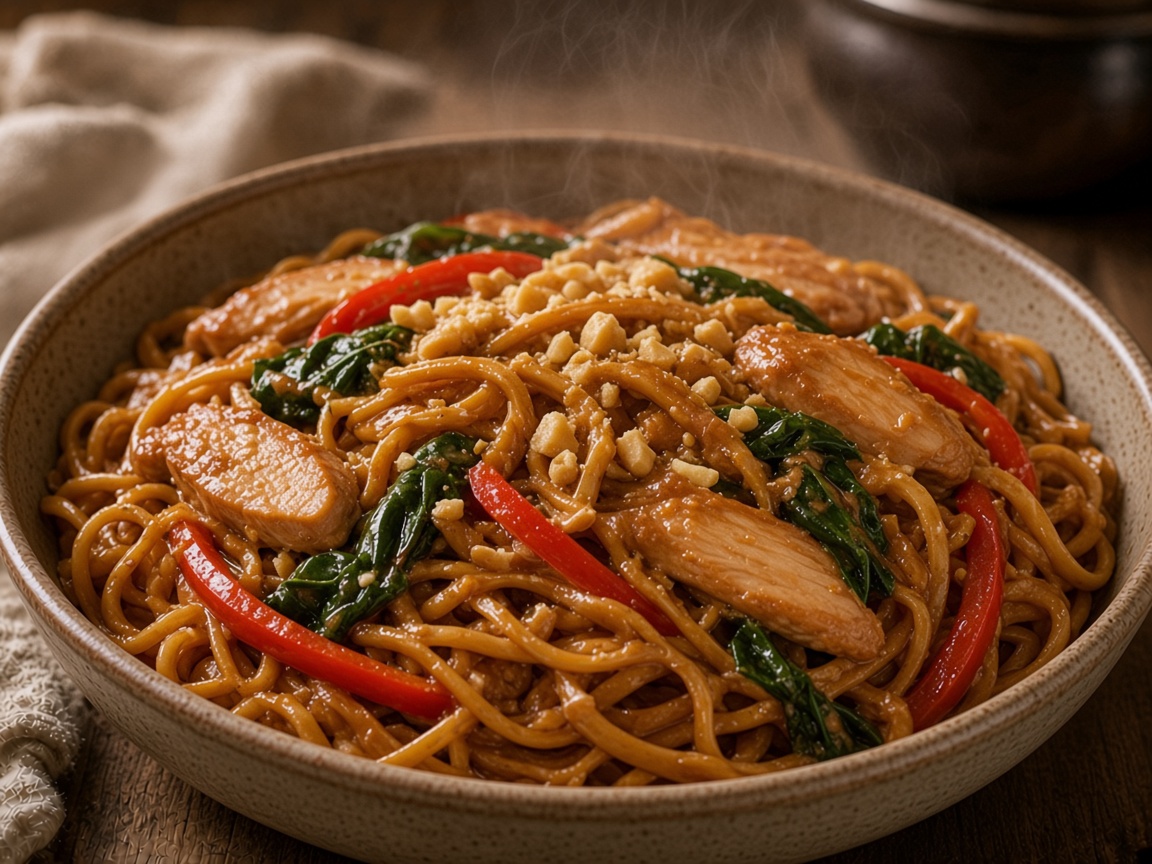 Nouilles Bangkok au poulet et arachides — plat maison, cuisine de Laval