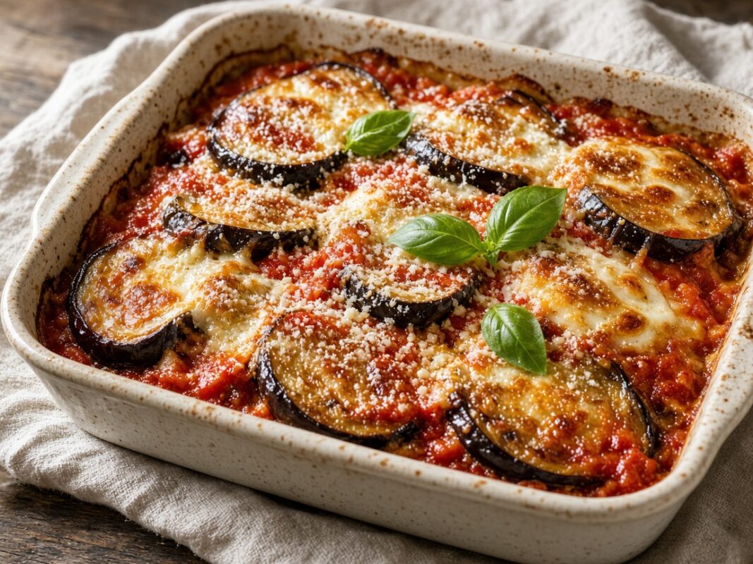 Aubergines parmigiana avec fior di latte, mozzarella et parmesan — plat maison, cuisine de Laval