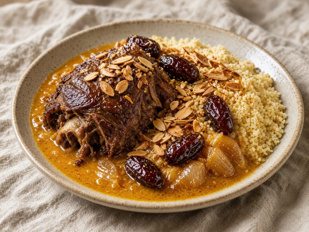 Agneau aux dattes et amandes, avec couscous en accompagnement — plat maison, cuisine de Laval