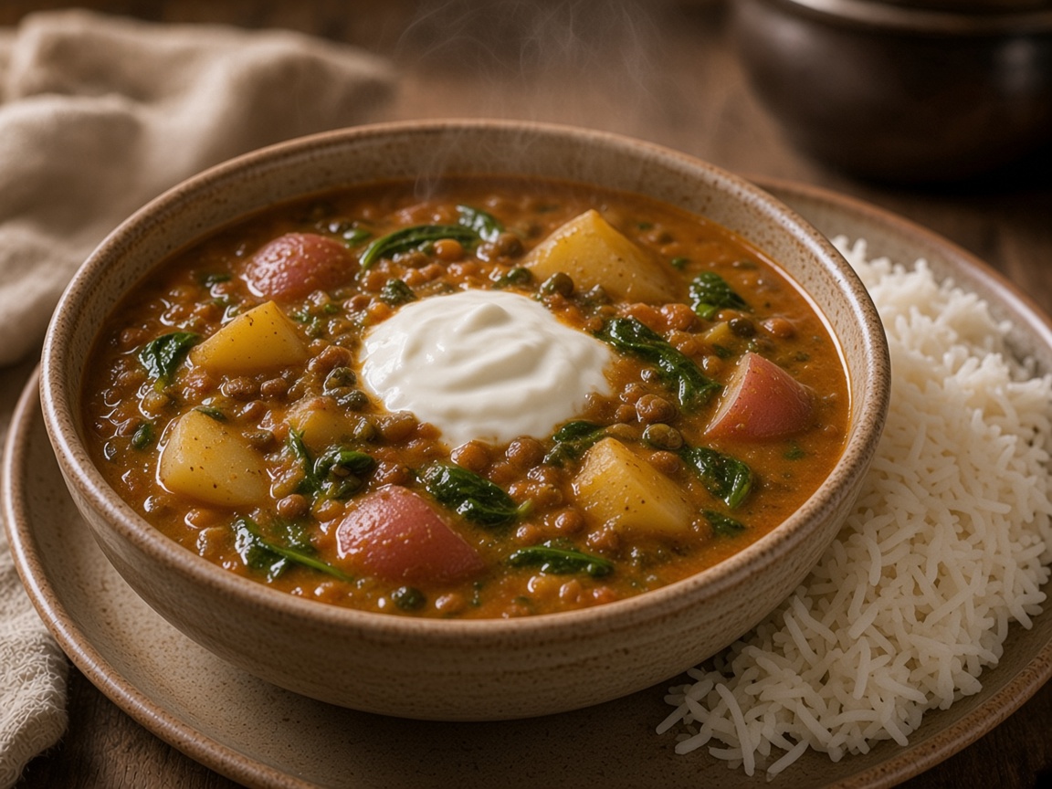 Lentil, Potato & Spinach Indian Curry served with Basmati — homemade meal, Laval kitchen
